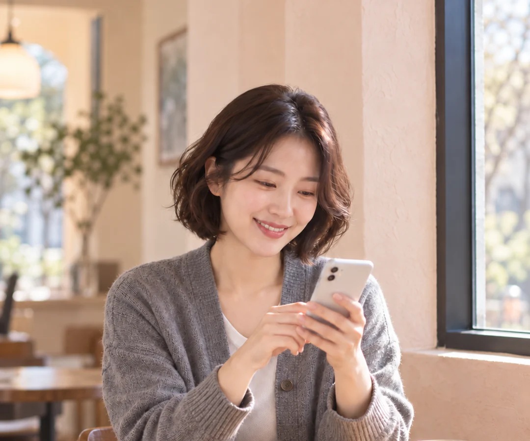 휴대전화로 편하게 상담하는 밝은 모습의 고객